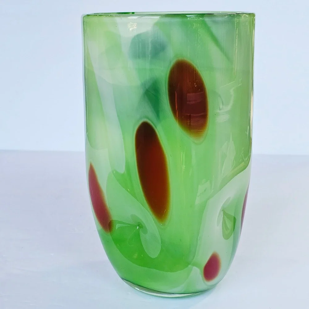 Vintage MCM Hand Blown Art Glass Vase Green Swirl Red Spotted Eclectic Artistic